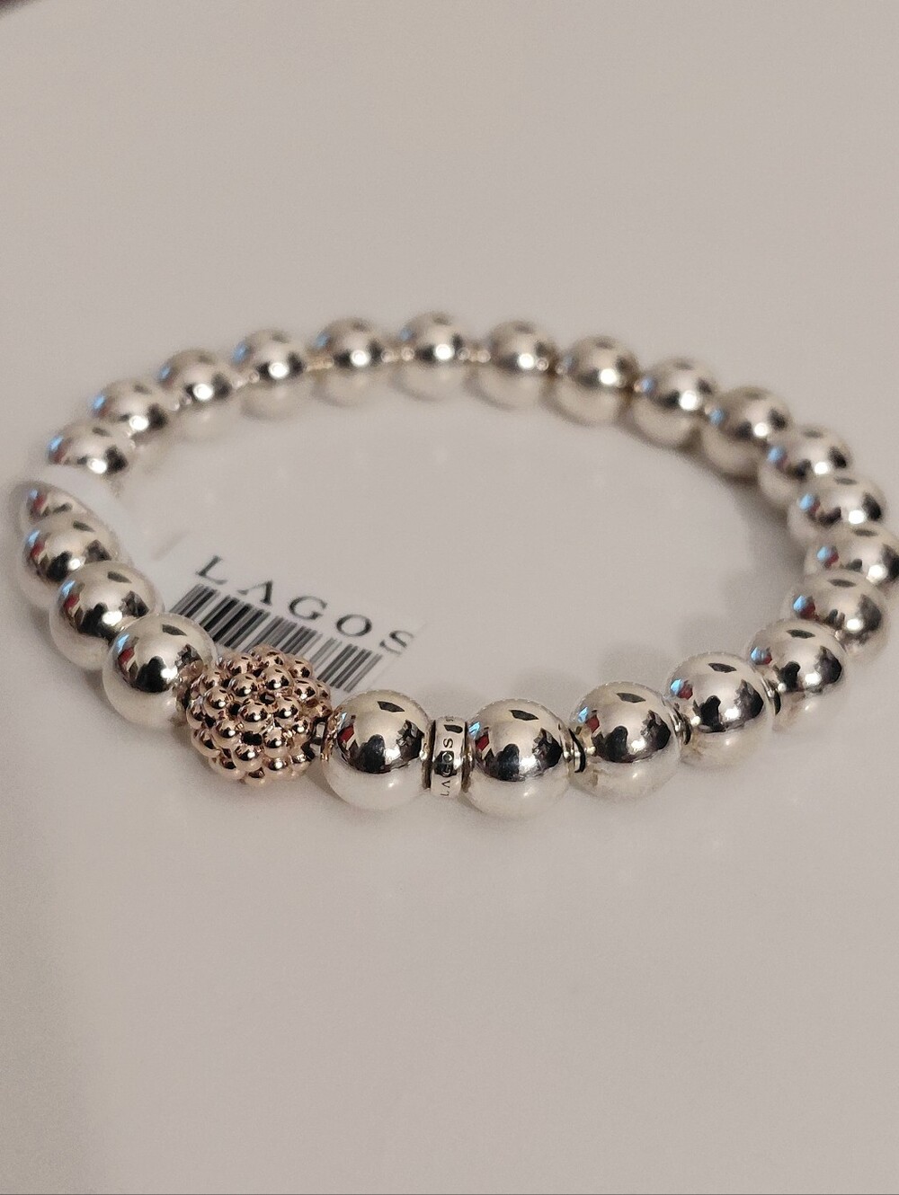 Lagos Silver & Rose Gold Signature Caviar Lattic Ball 8MM Stretch Bracelet